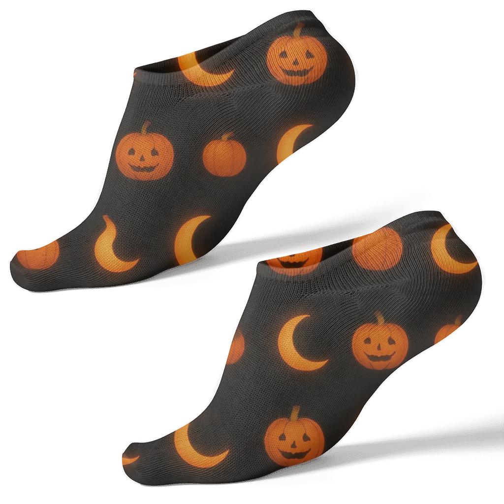 Crescent Moon Glow And Pumpkin Phase Rows On Black Background trendy patterned ankle socks