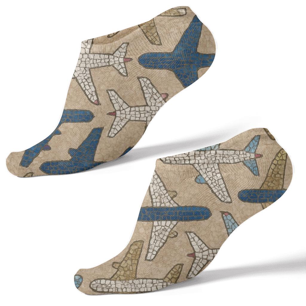 Metallic Airplane Silhouette Mosaic On Beige soft everyday ankle socks