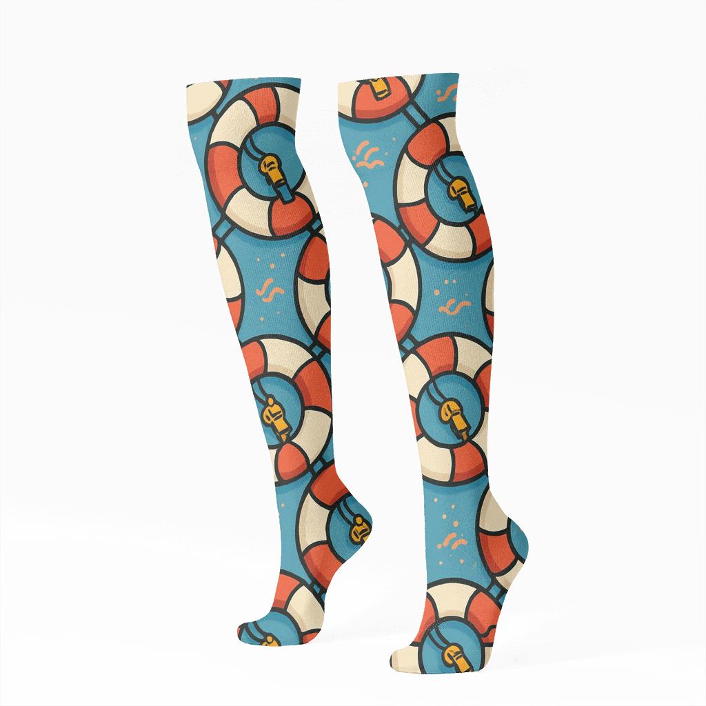 Rescue Ring Lattice With Lifeguard Whistle Accents designer print knee-high socks
