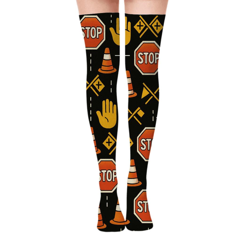 Stop Sign Mosaic With Crossing Guard Signal Icons trendy patterned over-the-knee socks