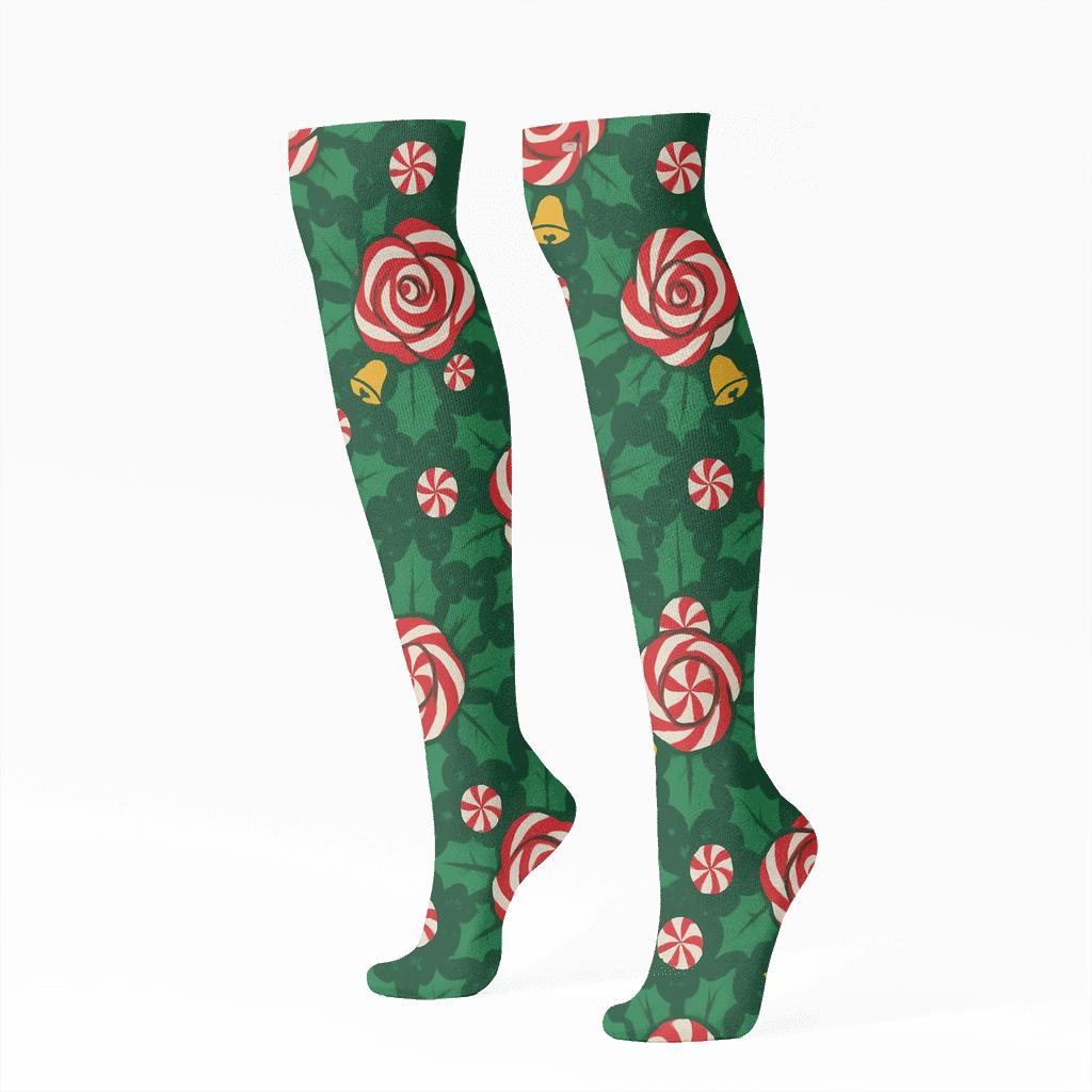 Candy Cane Rose Lattice On Deep Evergreen Background comfortable cotton knee-high socks