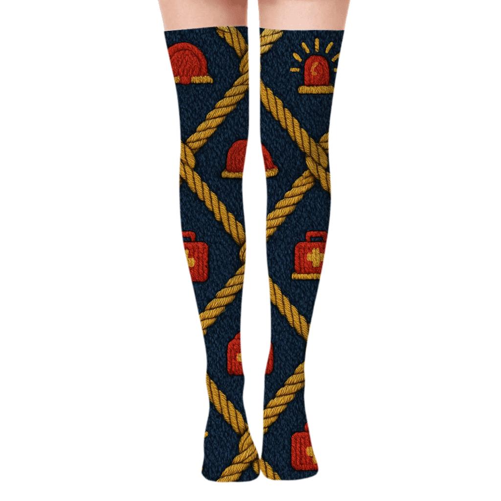 Knitted Rope Lattice Rescue Worker Pattern unique graphic over-the-knee socks
