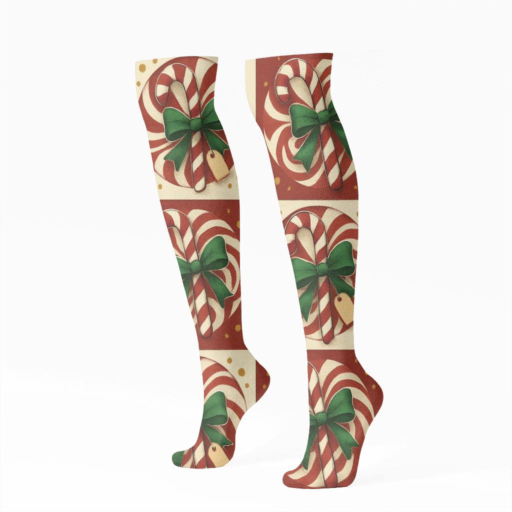 Festive Collage Candy Canes Spotlight Tiles With Gift Tags designer print knee-high socks