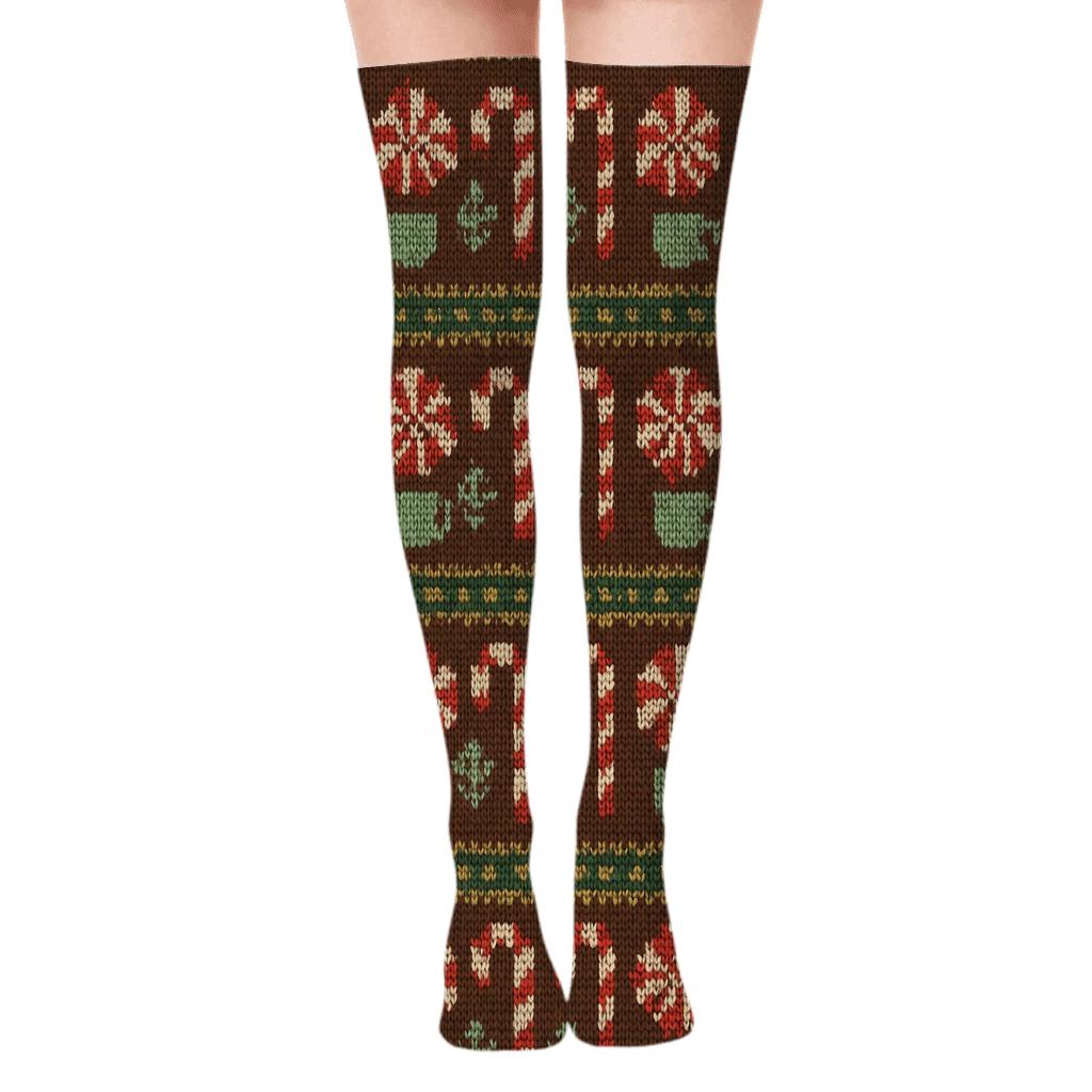 Knitted Candy Canes Fair Isle Stripe Interrupt Bands designer print over-the-knee socks