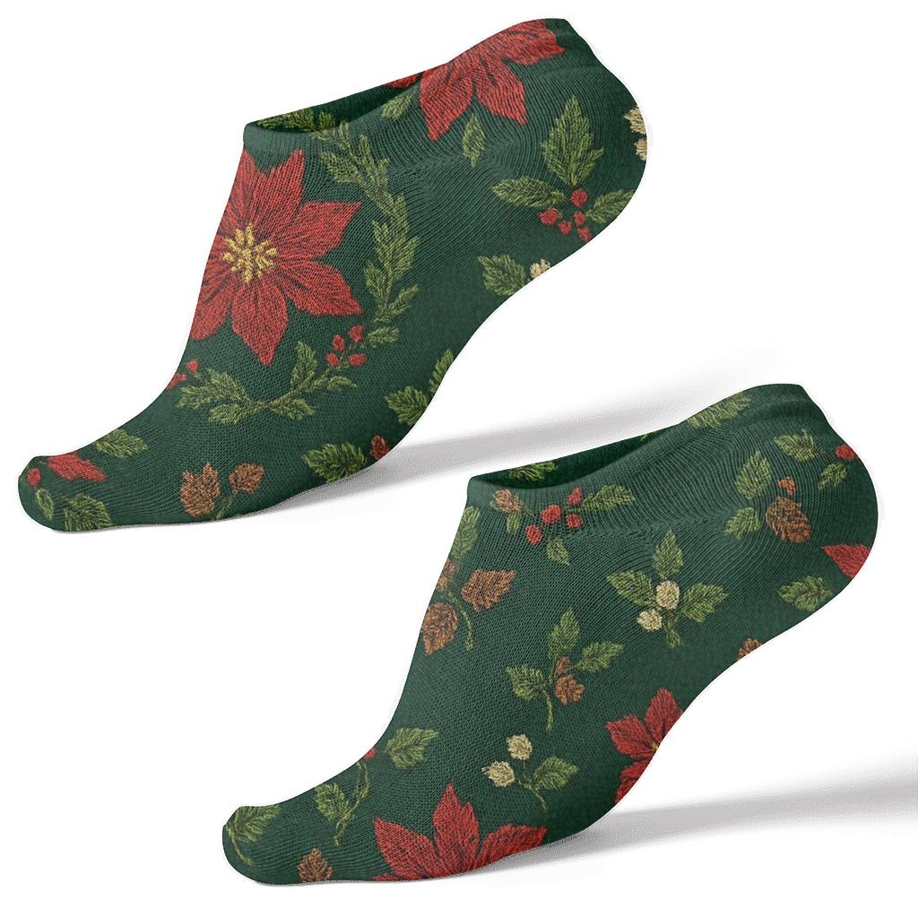 Embroidered Poinsettia Wreath Lattice On Pine Green stylish athletic ankle socks