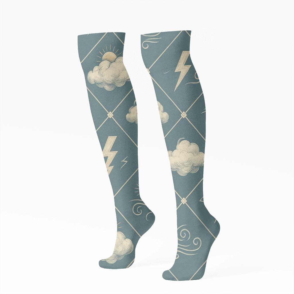 Vintage Sky Poster Look With Floating Clouds Medallions trendy patterned knee-high socks