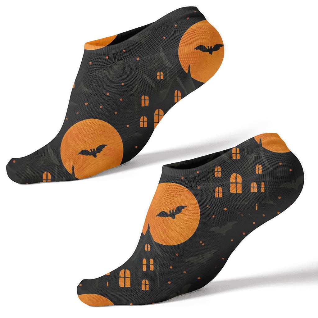 Haunted House Silhouette And Harvest Moon Repeat On Black Background unique graphic ankle socks