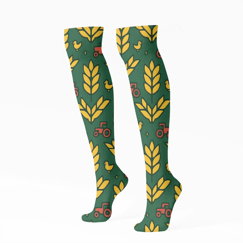Wheat Chevron With Tractor Icons For The Farmer stylish athletic knee-high socks