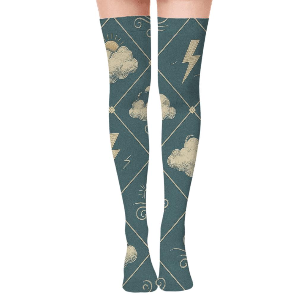 Vintage Sky Poster Look With Floating Clouds Medallions unique graphic over-the-knee socks