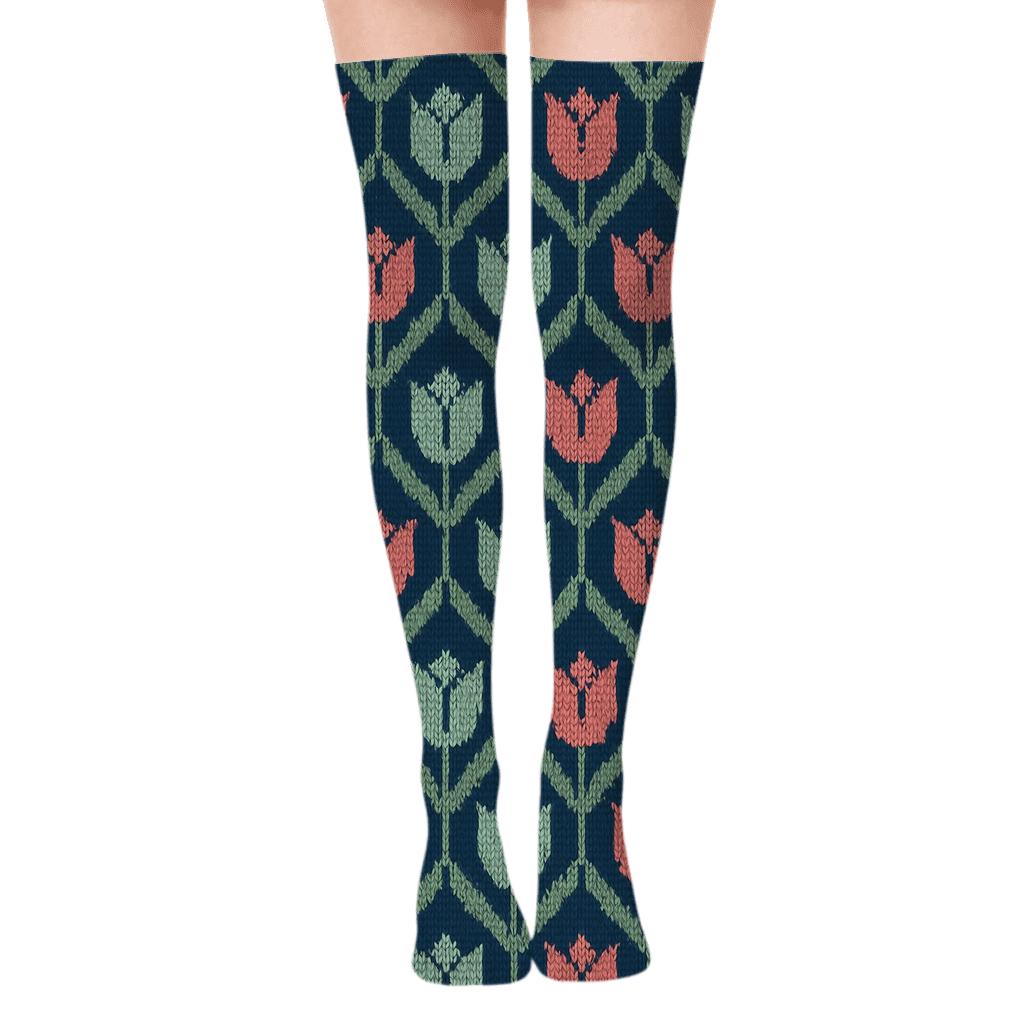 Knitted Tulip Lattice On Navy Blue Background designer print over-the-knee socks