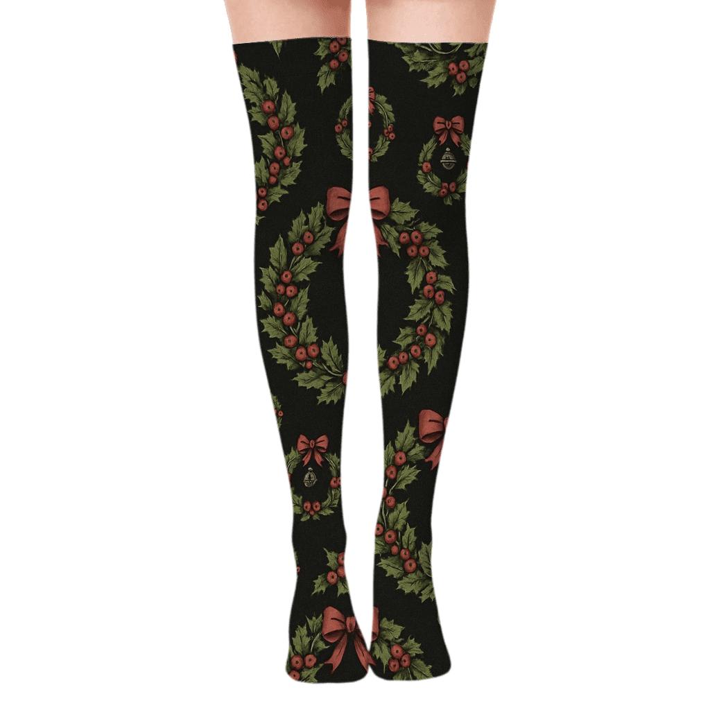 Vintage Holly And Berry Poster Look With Wreath Array comfortable cotton over-the-knee socks