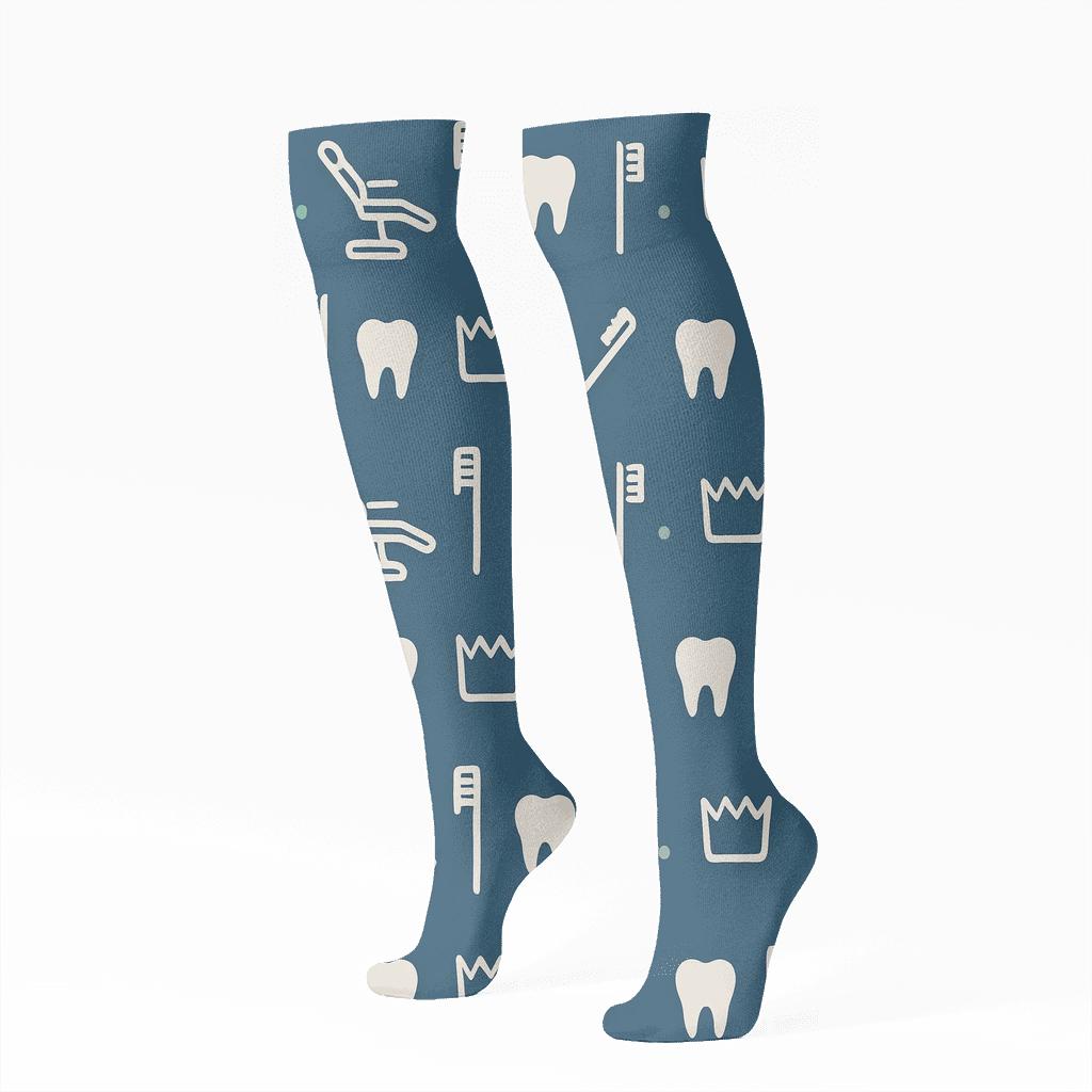 Dental Chair Grid On Dentist Blue Background designer print knee-high socks