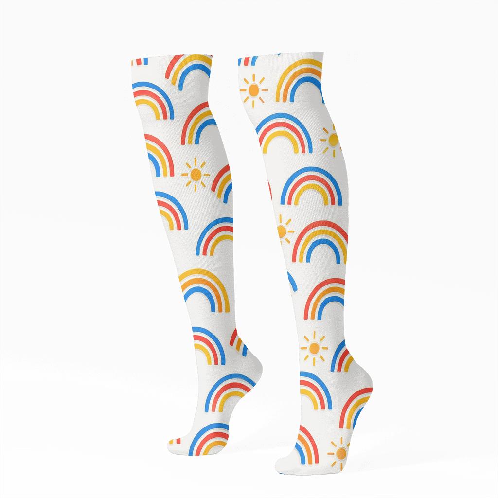 Minimal Rainbow Silhouette Diagonal Lattice On White soft everyday knee-high socks
