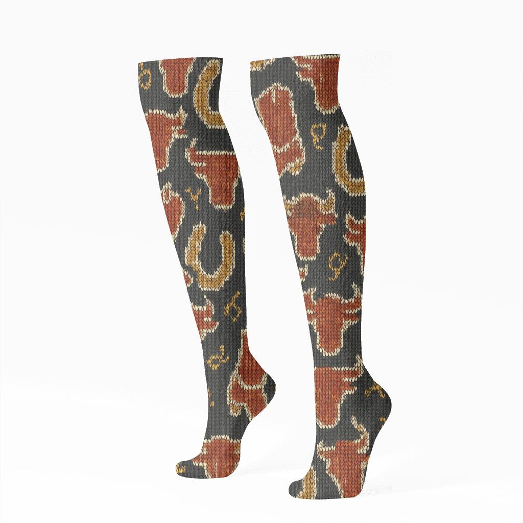 Rancher-Crafted Boot And Horseshoe Tessellation comfortable cotton knee-high socks