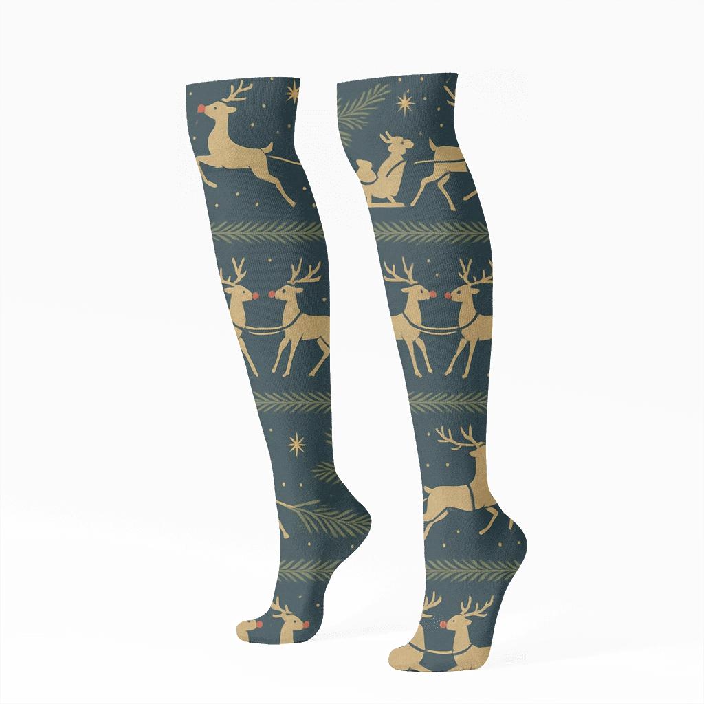 Midnight Blue Sleigh Parade With Rudolph Motifs stylish athletic knee-high socks