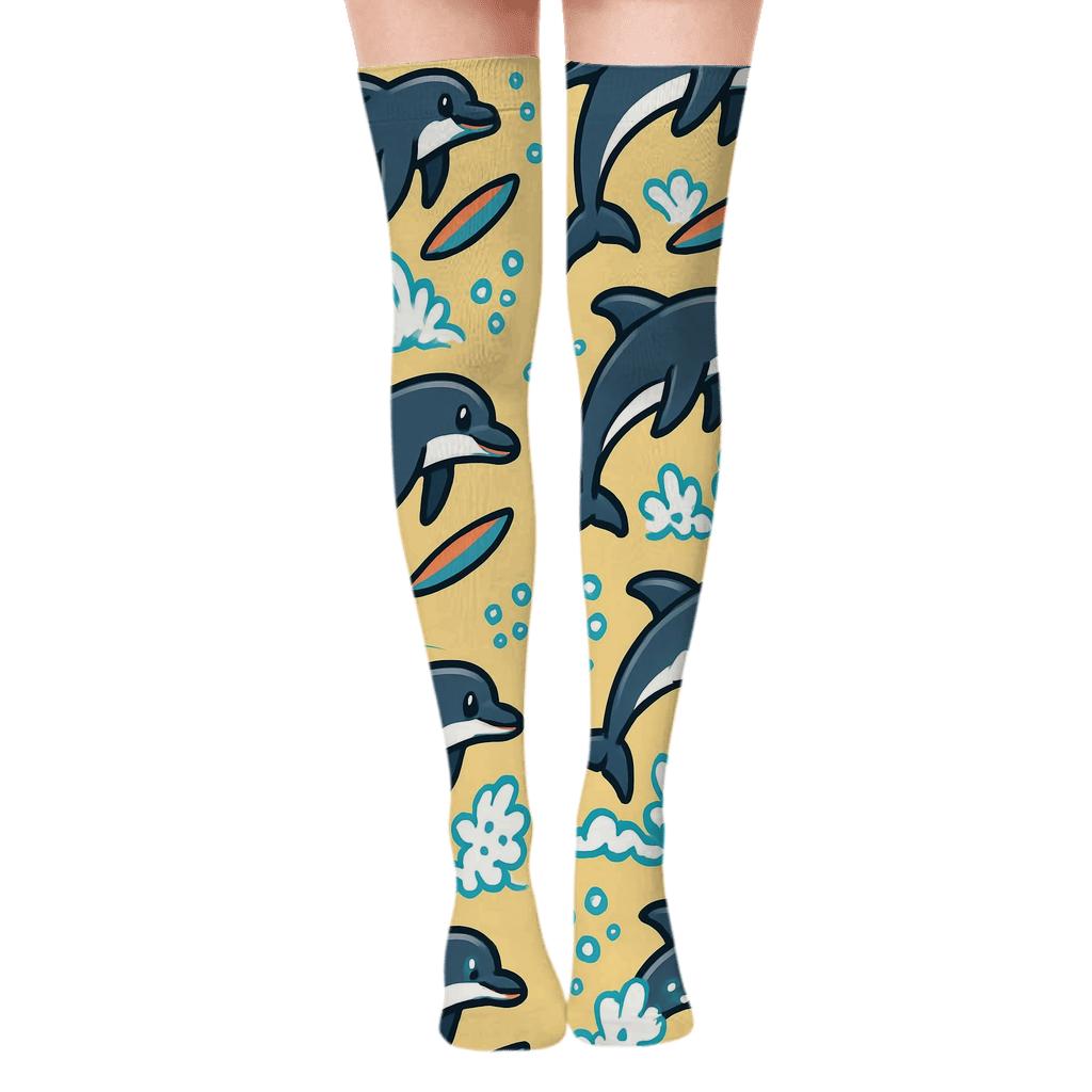 Surf Party Pattern, Playful Dolphin Grid personalized over-the-knee socks