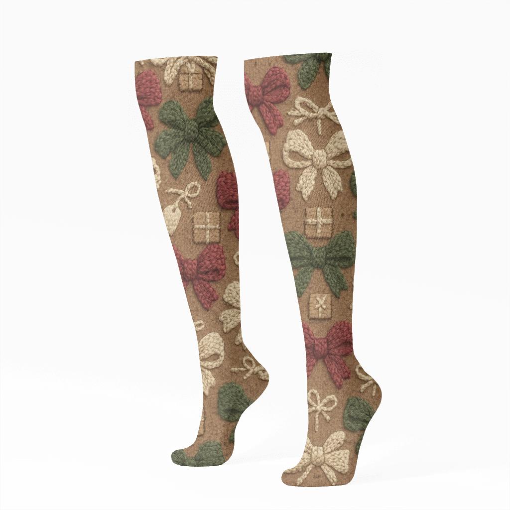 Presents Knitwork Bow Lattice designer print knee-high socks