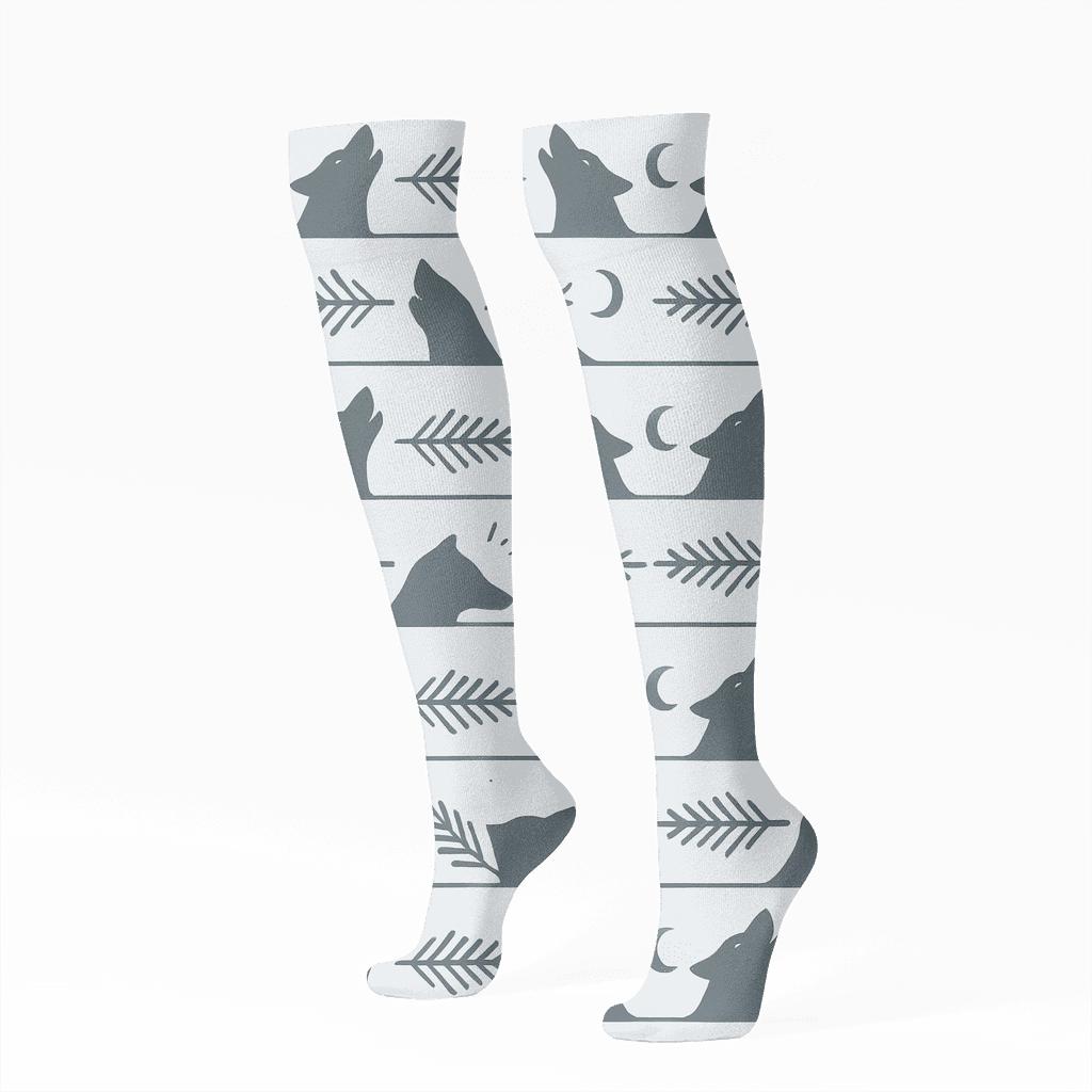 Forest Band Pattern With Gray Wolf Howl designer print knee-high socks