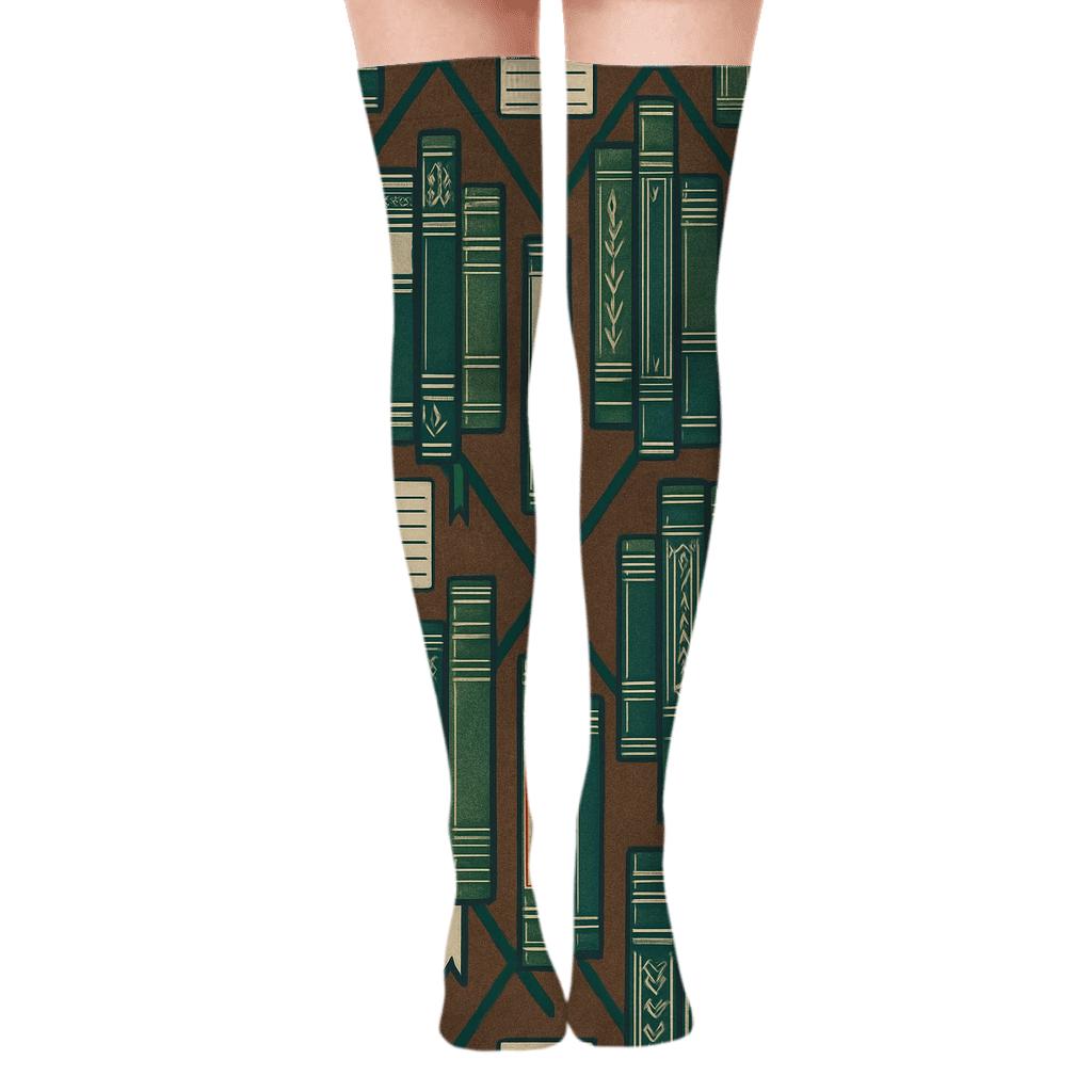 Librarian Book Spine Lattice In Deep Teal comfortable cotton over-the-knee socks