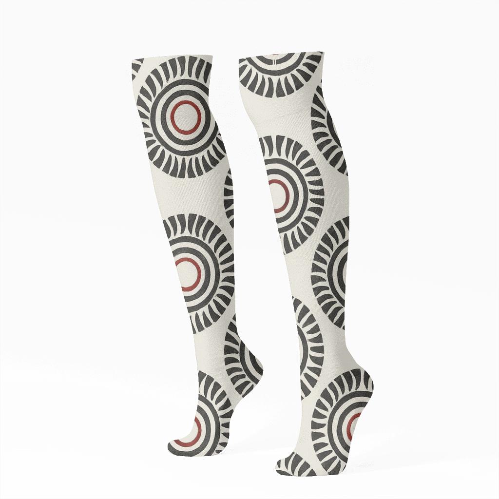 Crimson Inlay Zebra Stripe Medallion Tiles On Soft Gray designer print knee-high socks