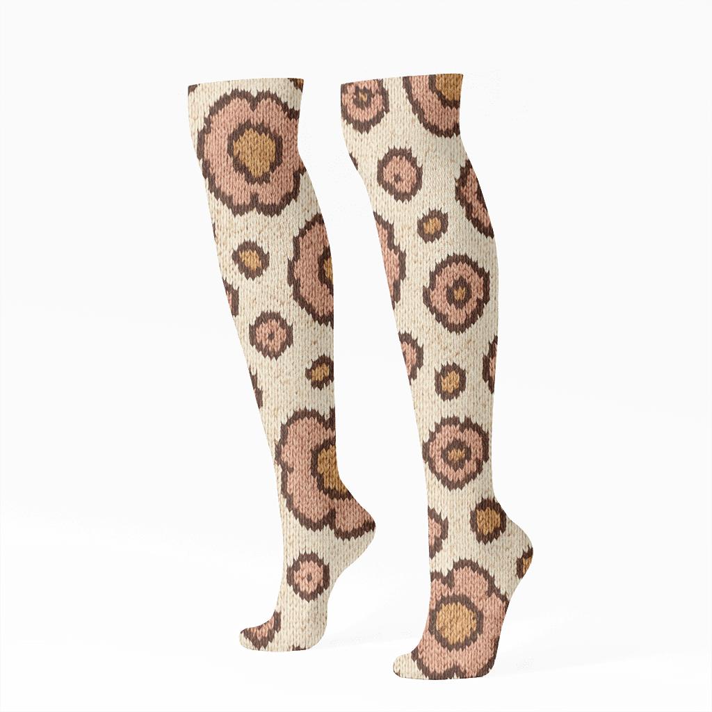 Blush Gold Rosette Knitted Illusion On Cream Background trendy patterned knee-high socks