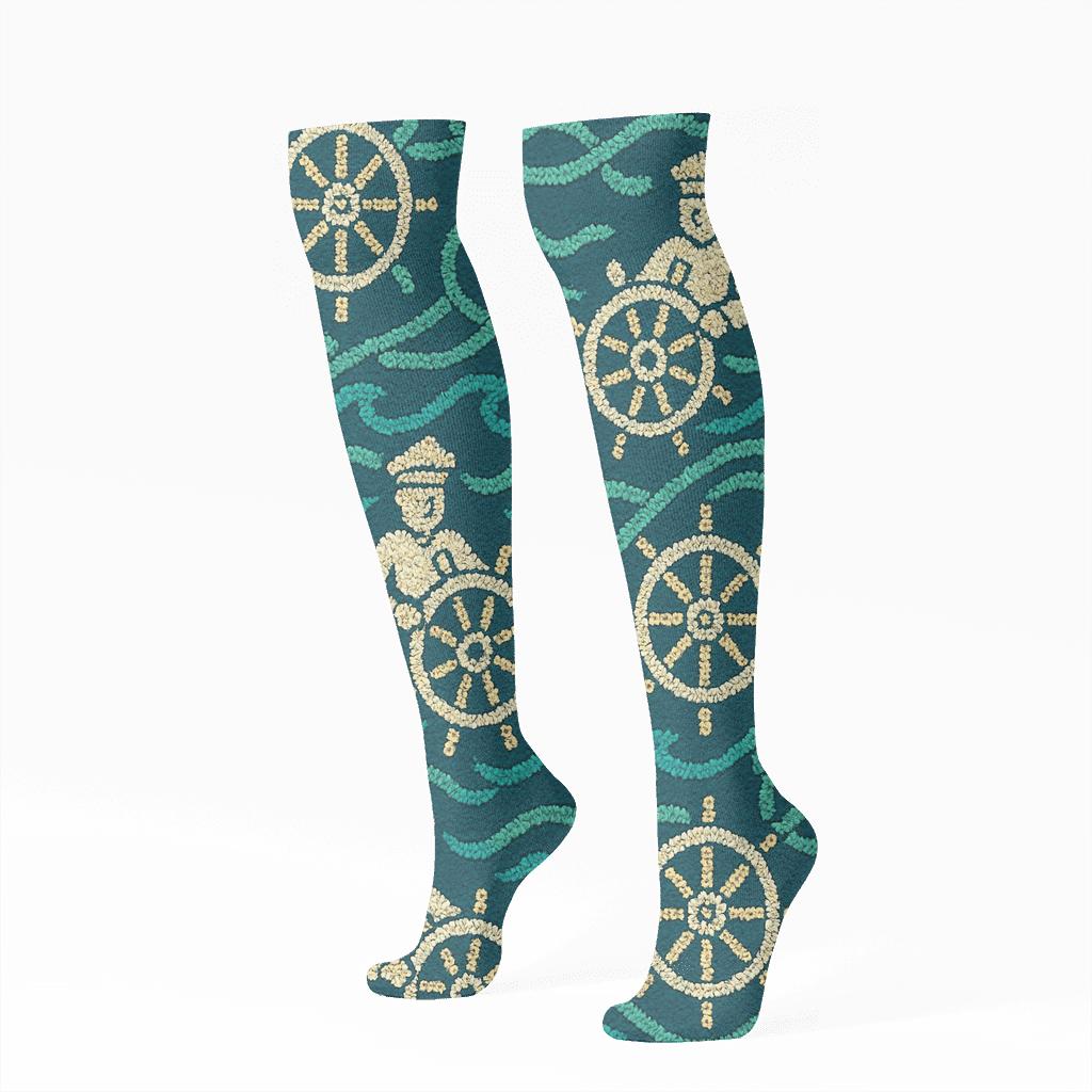 Knitted Ship Captain Rope Wave Tapestry designer print knee-high socks