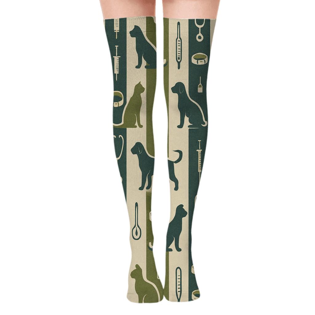 Botanical Clinic Collage In Veterinarian Pattern trendy patterned over-the-knee socks