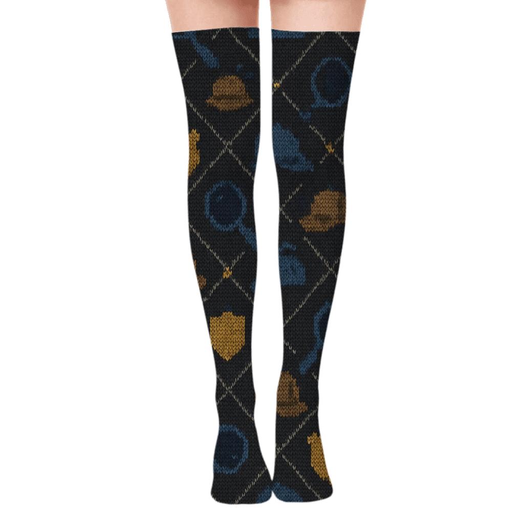 Midnight Evidence Weave In Police Detective Knit Illusion unique graphic over-the-knee socks