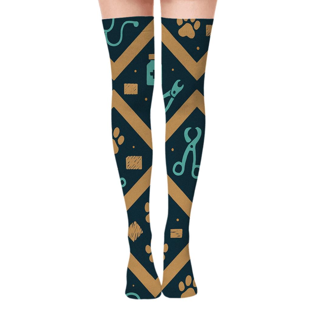 Veterinary Technician Chevron Tools On Deep Navy Field comfortable cotton over-the-knee socks