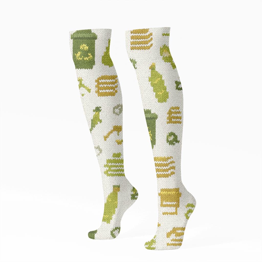 Knitted Illusion Bins And Bottles In A Recycling Plant Worker Repeat soft everyday knee-high socks