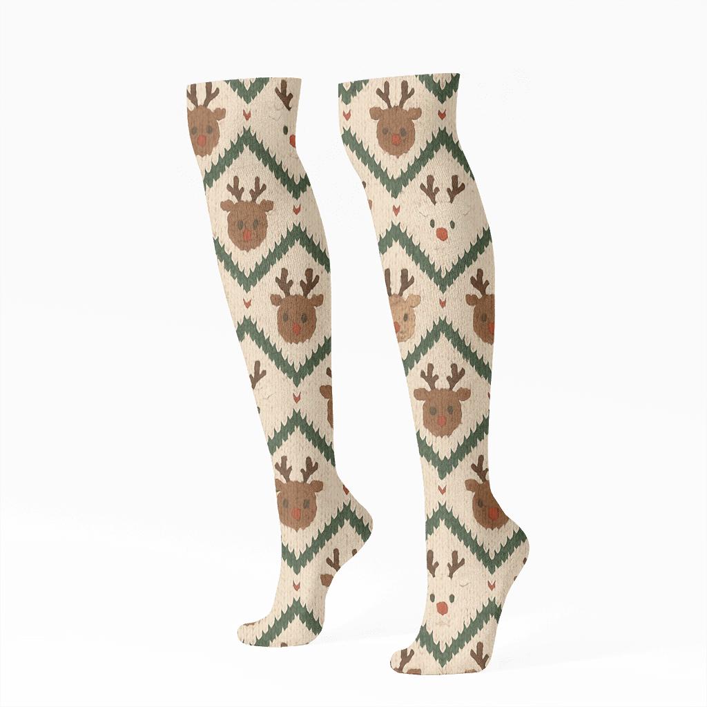 Xmas Knit Illusion Reindeer Chevron comfortable cotton knee-high socks