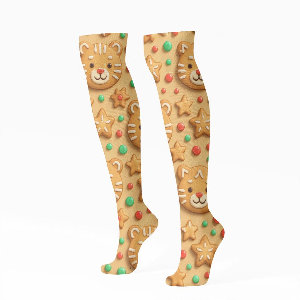 3D Gingerbread Tiger Tile Tessellation On Warm Beige Background soft everyday knee-high socks