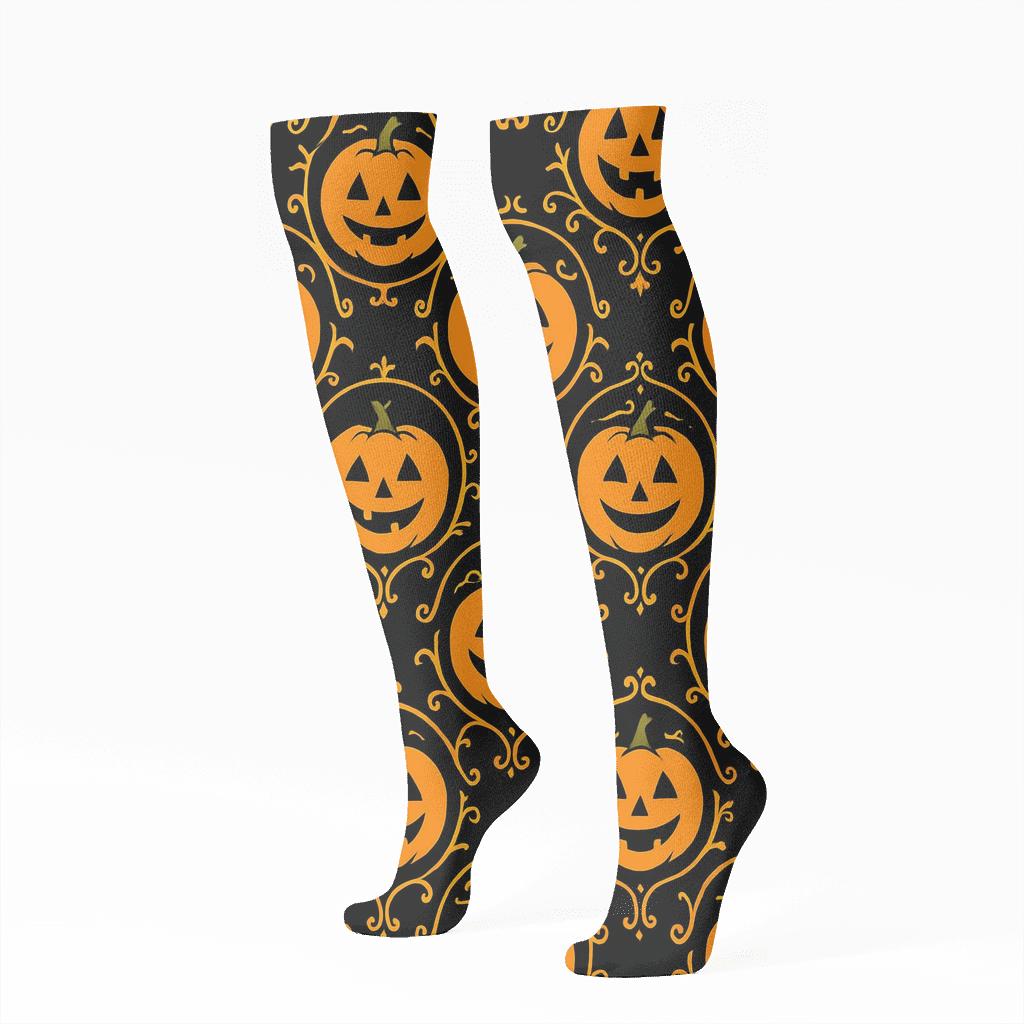 Glowing Jack O Lantern Medallion Tiles On Black Background trendy patterned knee-high socks