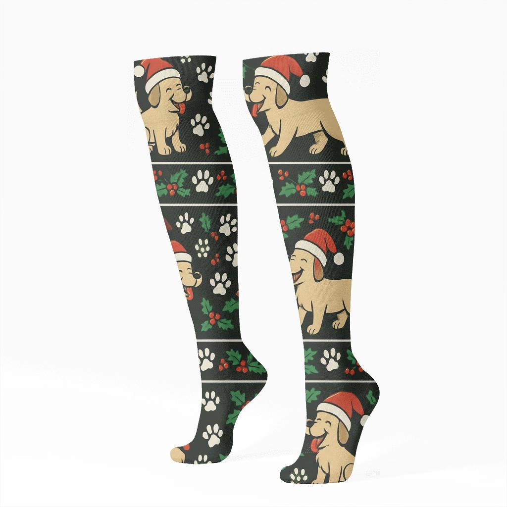 Holly Paw Print Texture Bands With Dogs On Black Background trendy patterned knee-high socks