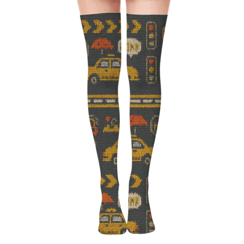 Knitted Parade Of Icons With Rideshare Driver premium cozy over-the-knee socks