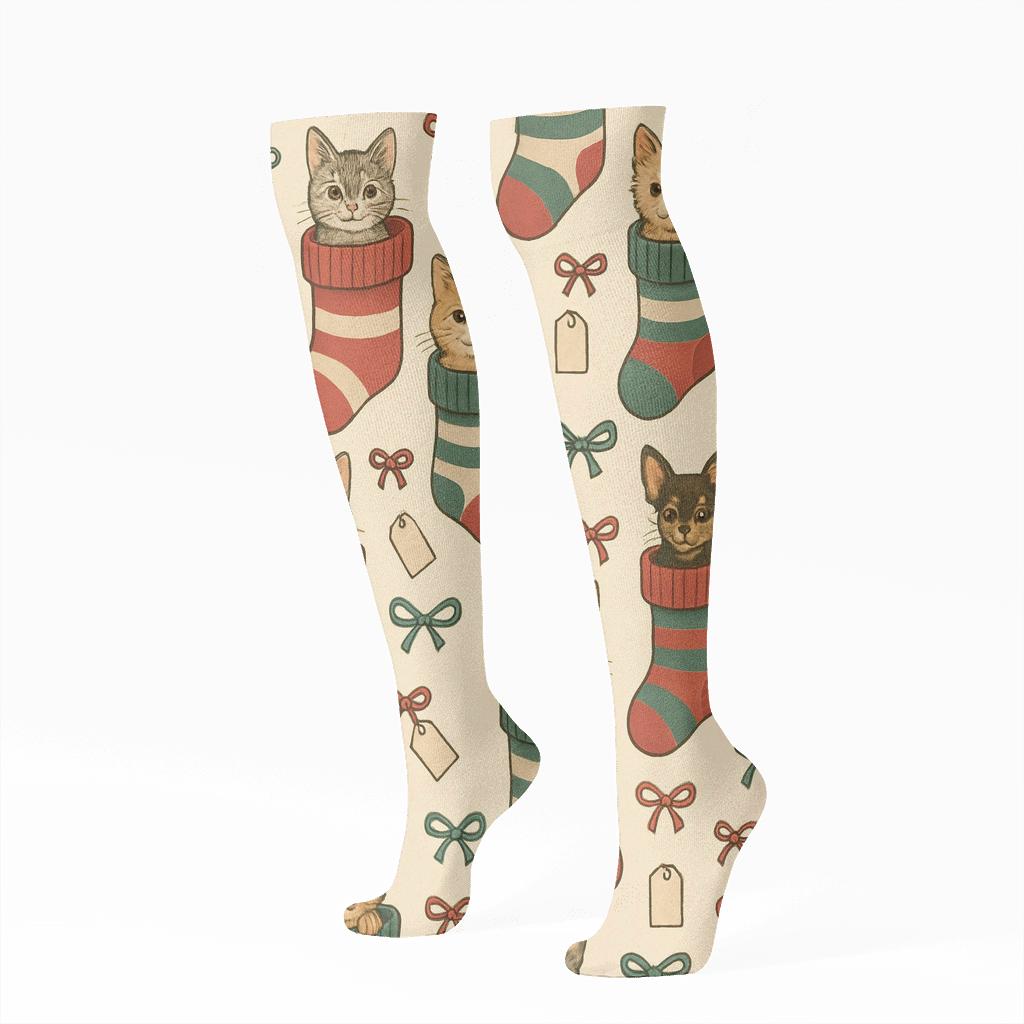 Holiday Pets In Stockings Collage Pattern stylish athletic knee-high socks