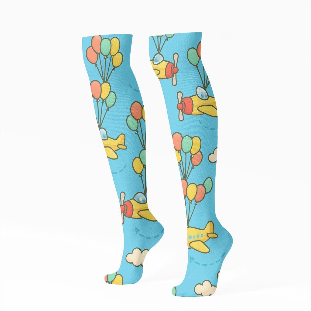Playful Balloon Race Airplane Scatter Pattern trendy patterned knee-high socks
