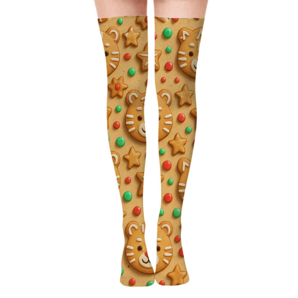 3D Gingerbread Tiger Tile Tessellation On Warm Beige Background comfortable cotton over-the-knee socks