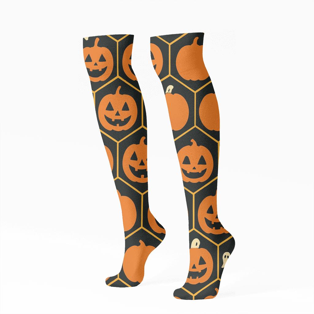 Pumpkin Hex Tile Mosaic With Ghost Accents On Black Background comfortable cotton knee-high socks