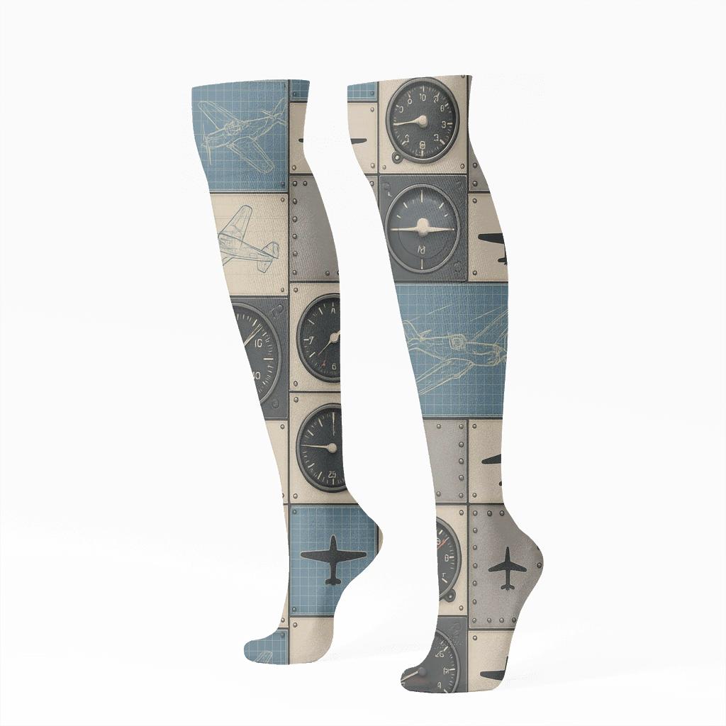 Collage Airplane Blueprint Patchwork On Beige Ground comfortable cotton knee-high socks