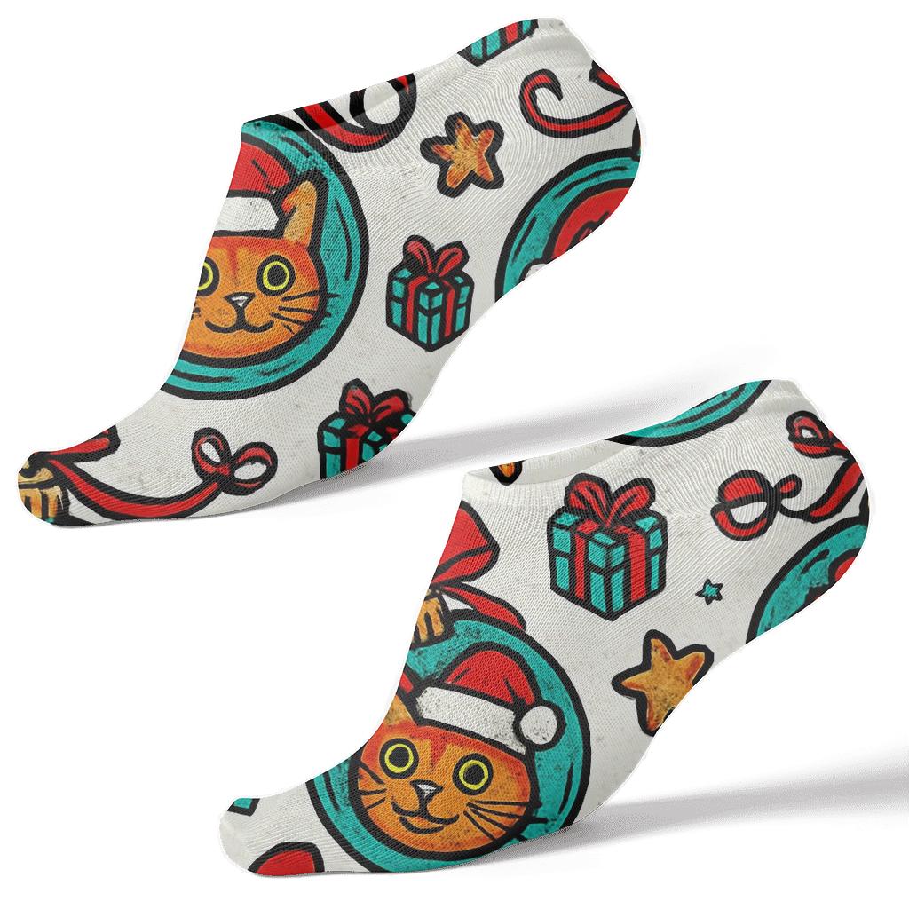 Pop Art Ornament Space Cats Scatter On Snow White Background trendy patterned ankle socks
