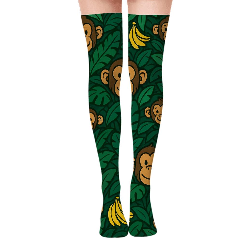 Jungle Canopy Rhythm With Ape Motifs comfortable cotton over-the-knee socks