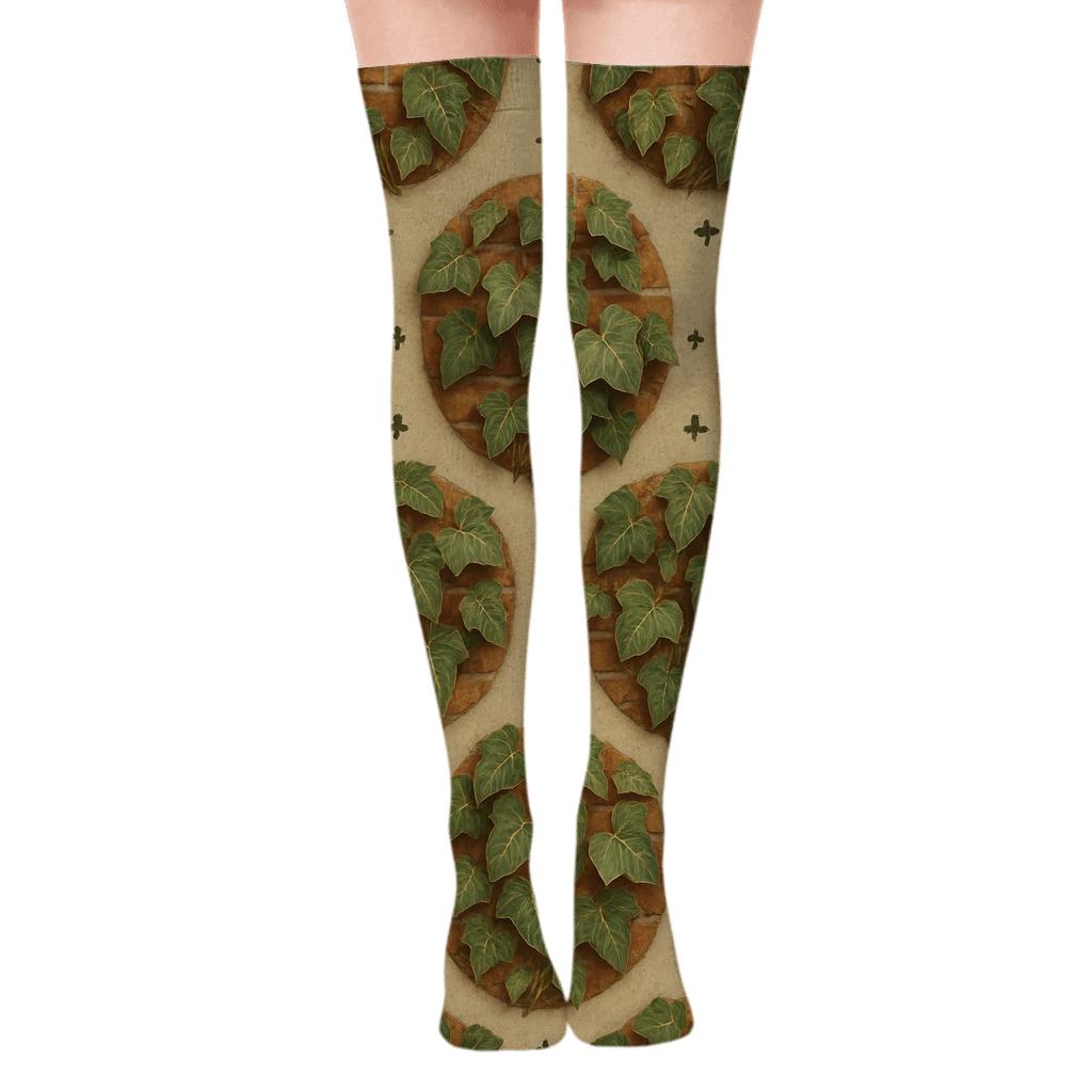 Vintage Ivy Brick Medallions On Stone Gray stylish fashion over-the-knee socks