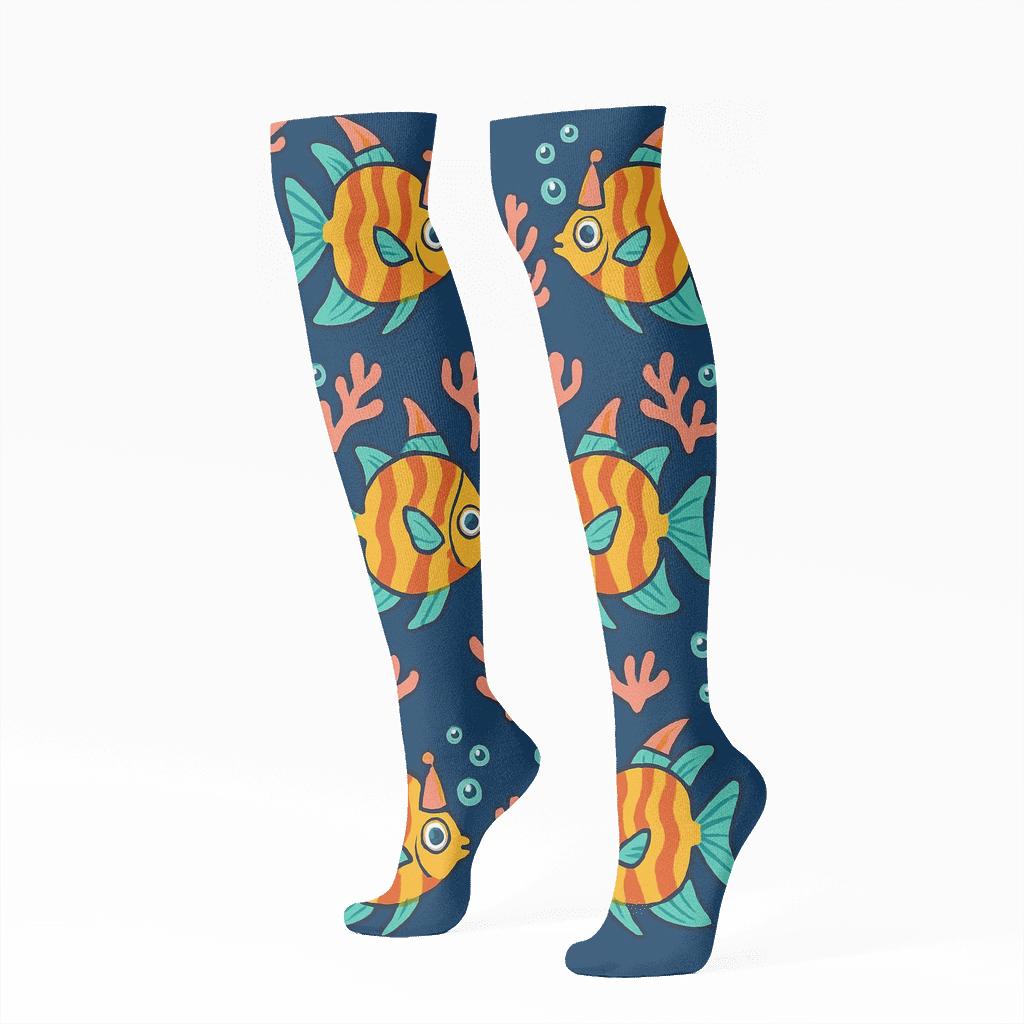 Mirrored Reef Party With Fish personalized knee-high socks
