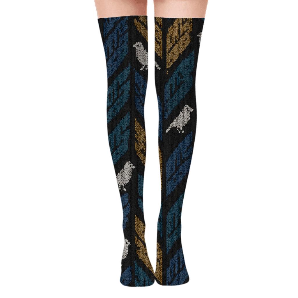 Knitted Bird Feather Chevron On Charcoal stylish fashion over-the-knee socks