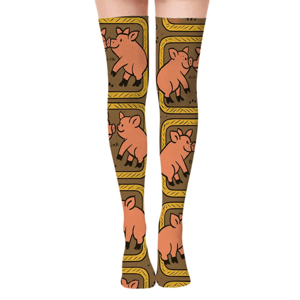 Barn Party Tiles With Pig unique graphic over-the-knee socks
