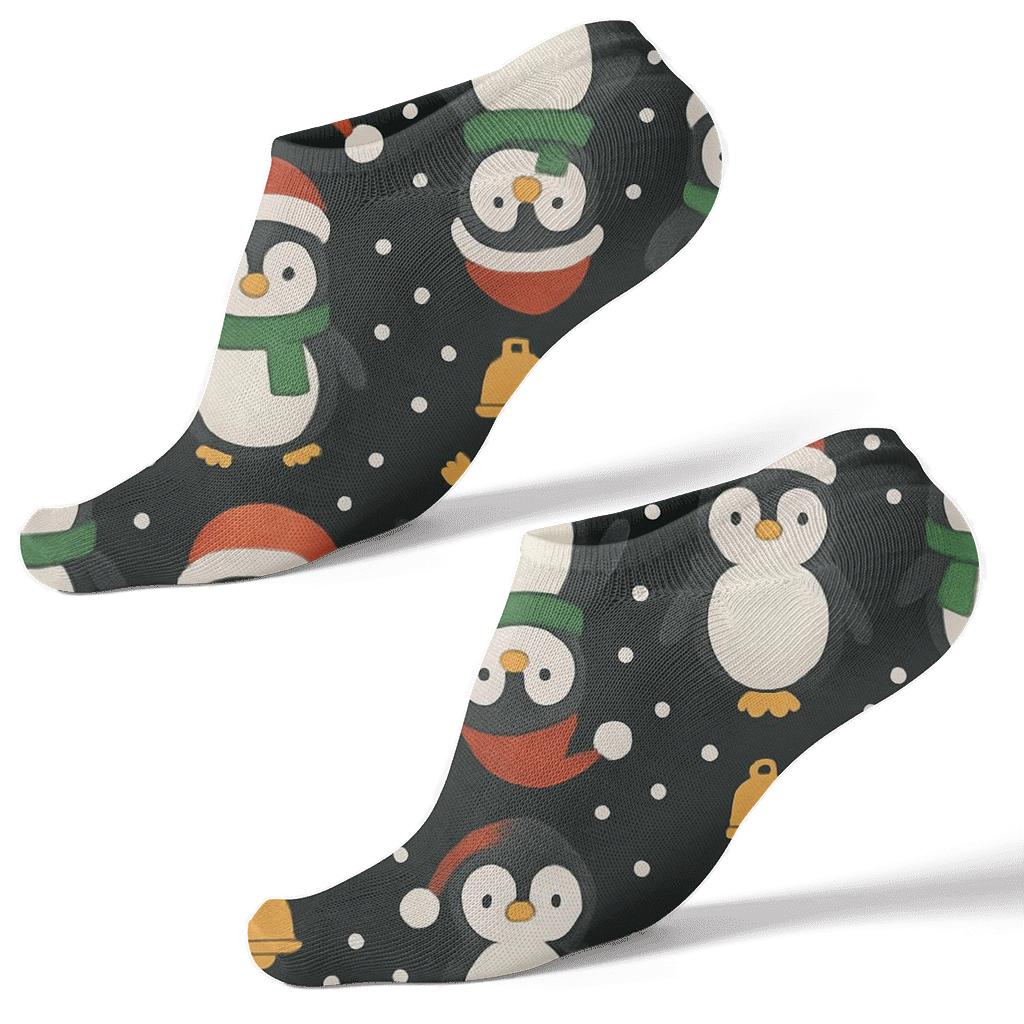 Crimson Santa Hat Penguins Diamond Tile On Black Background soft everyday ankle socks