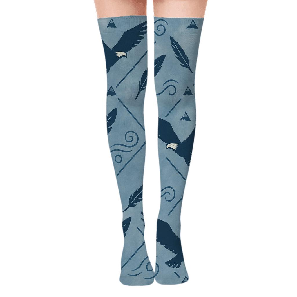 Feathered Wind Lattice with Eagle Silhouettes Over-the-Knee Socks