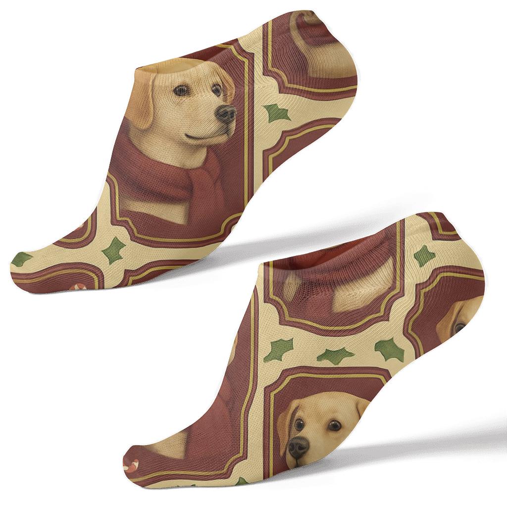 Burgundy Sleigh Dog Portrait Grid On Beige Background stylish athletic ankle socks