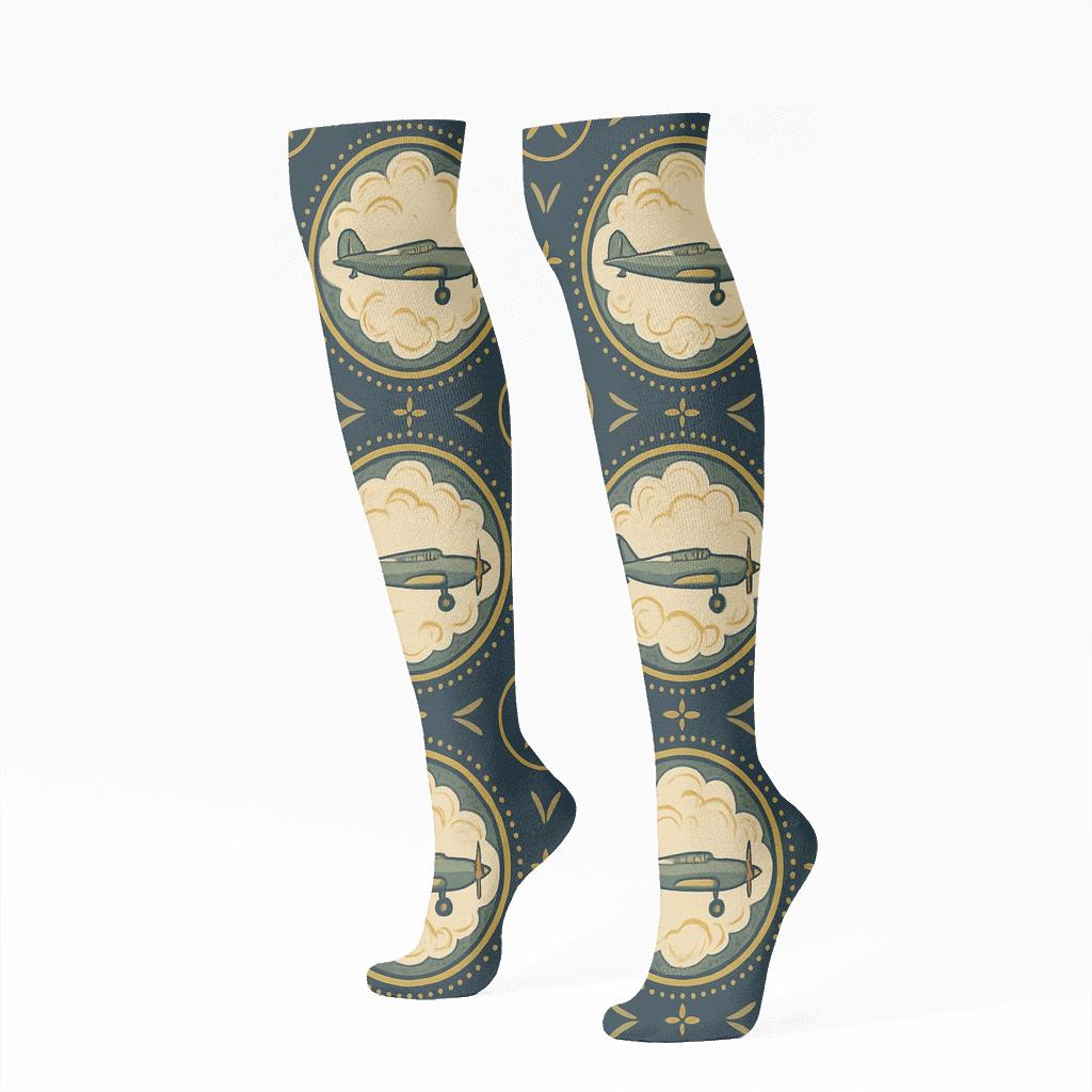 Vintage Airplane Medallions For The Pilot designer print knee-high socks